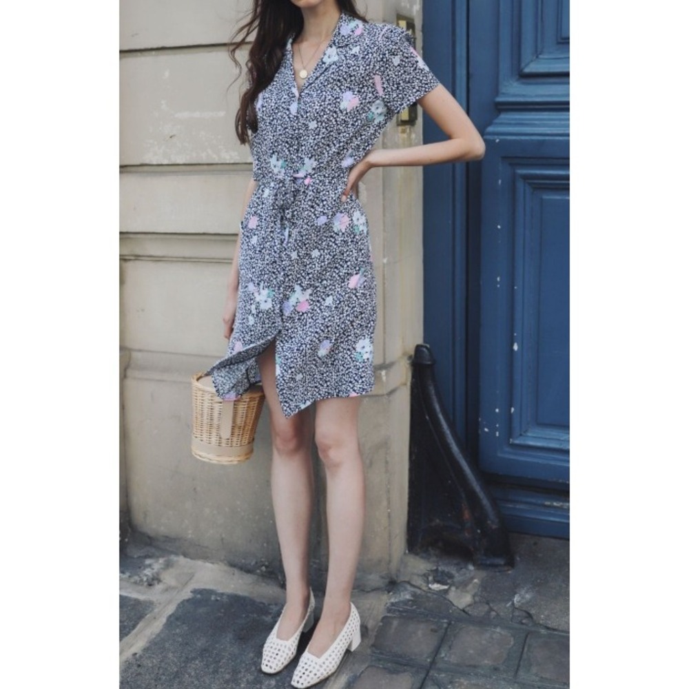 Rouje Paris Leonor Dress Navy Floral Button Front Mini Shirt Dress Size 34 XS